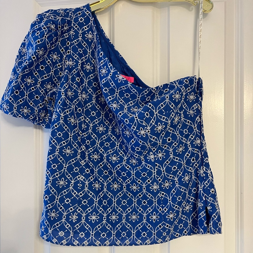 NWT Lilly Pulitzer Blue Grotto Flutter Eyelet One Shoulder Top Size 12